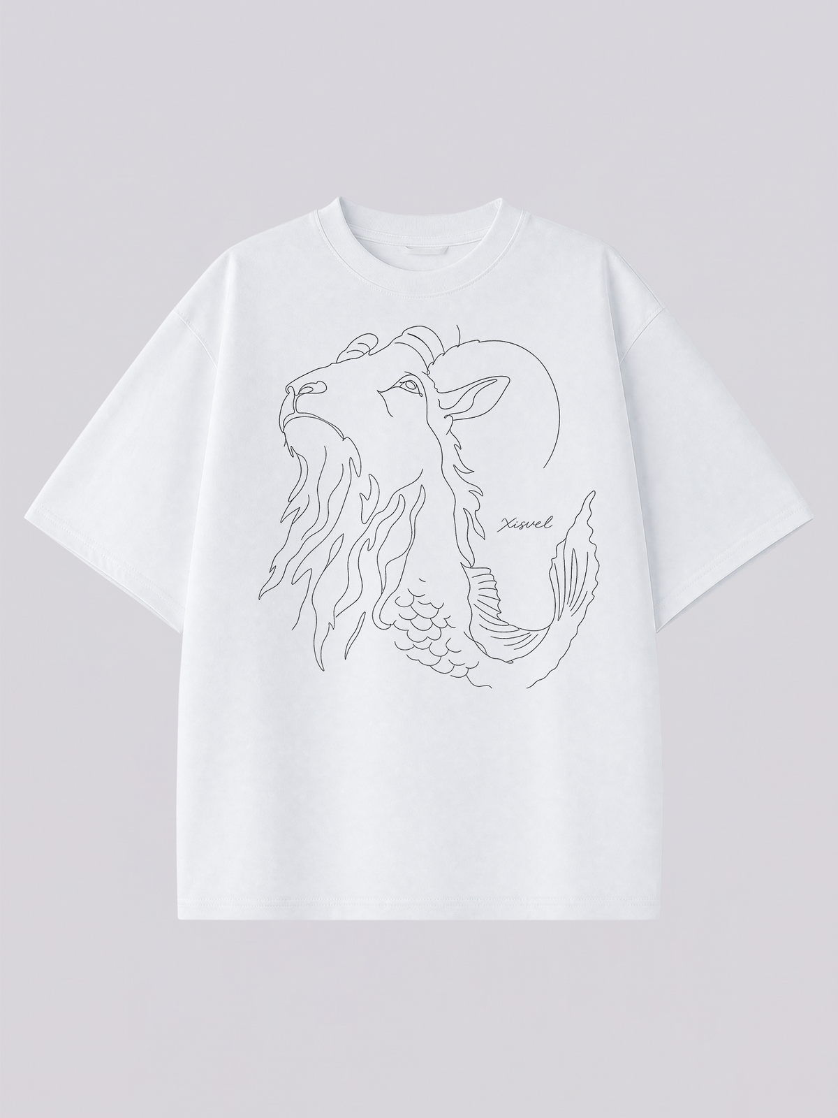 Capricorn line art graphic tee - one-line sea-goat with curved fish tail illustration across the chest of a heavyweight white T-shirt