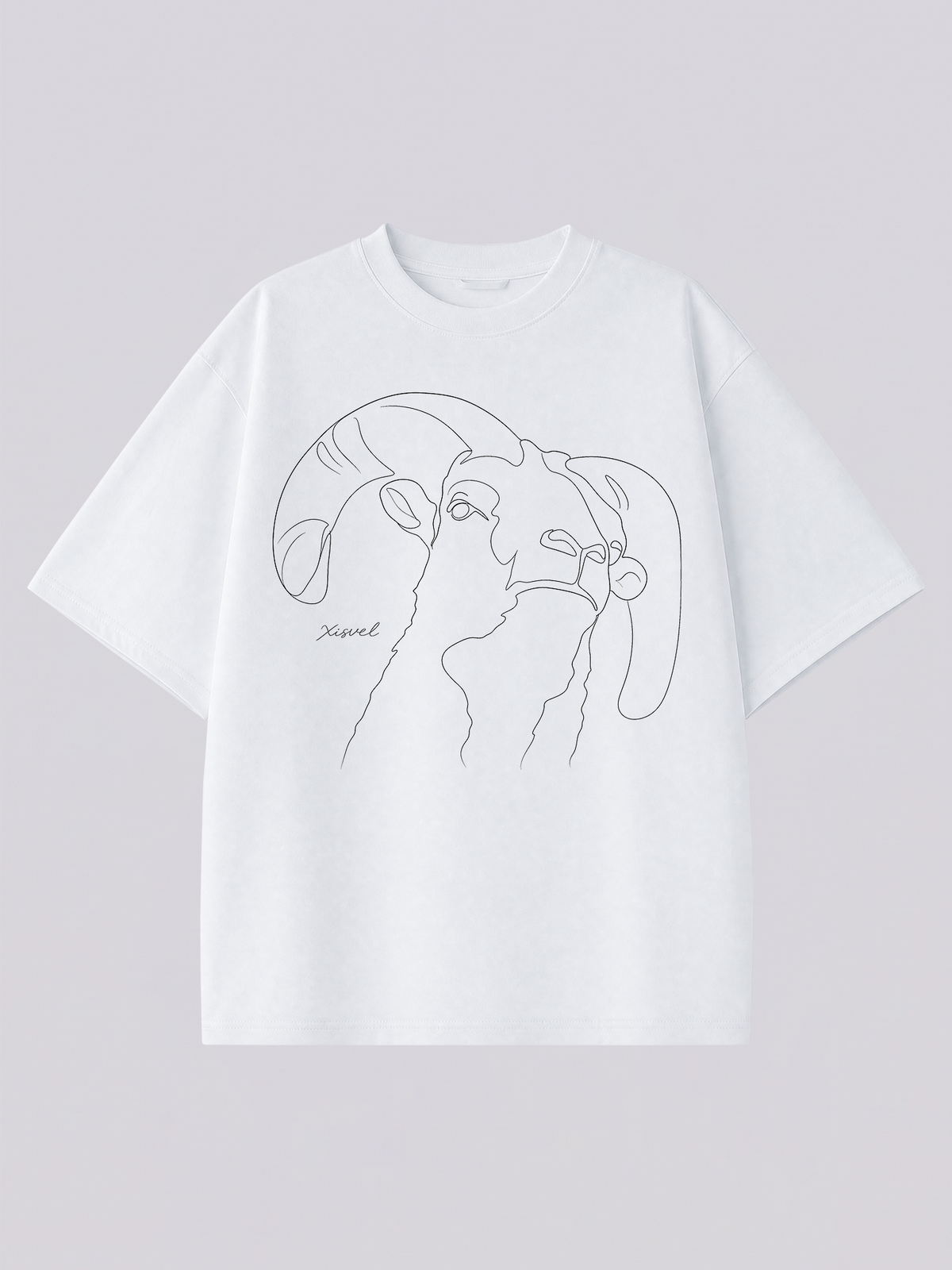 Aries line art graphic tee - one-line ram head illustration across the chest of a heavyweight white T-shirt