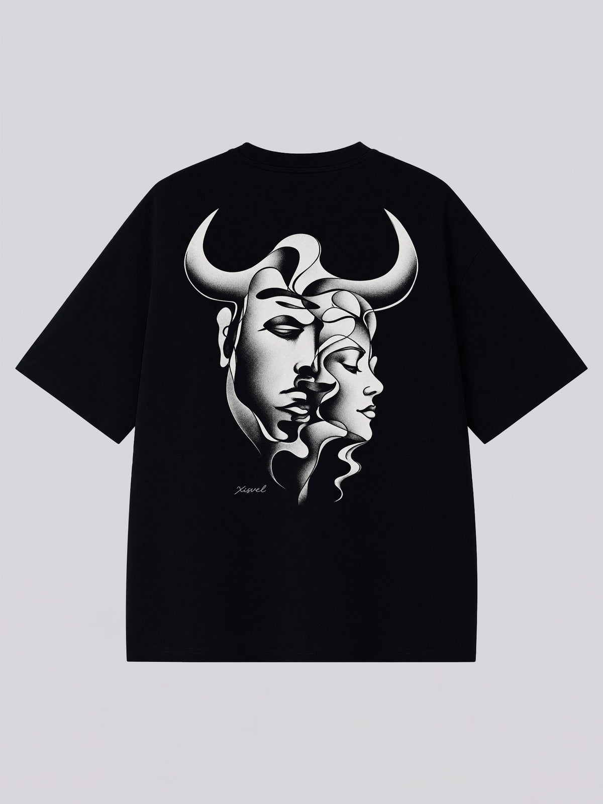 Taurus dark aesthetic graphic tee - back print of twin faces with bull horns in monochrome sketch style