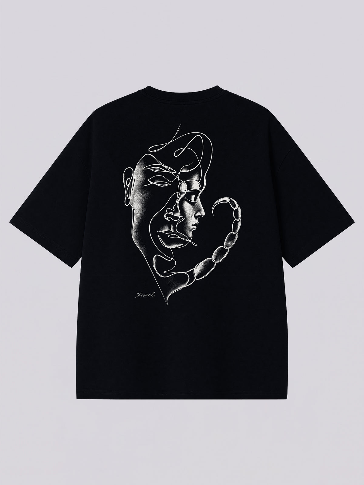 Scorpio dark aesthetic graphic tee - back print of twin stone busts with a segmented scorpion tail in monochrome sketch style