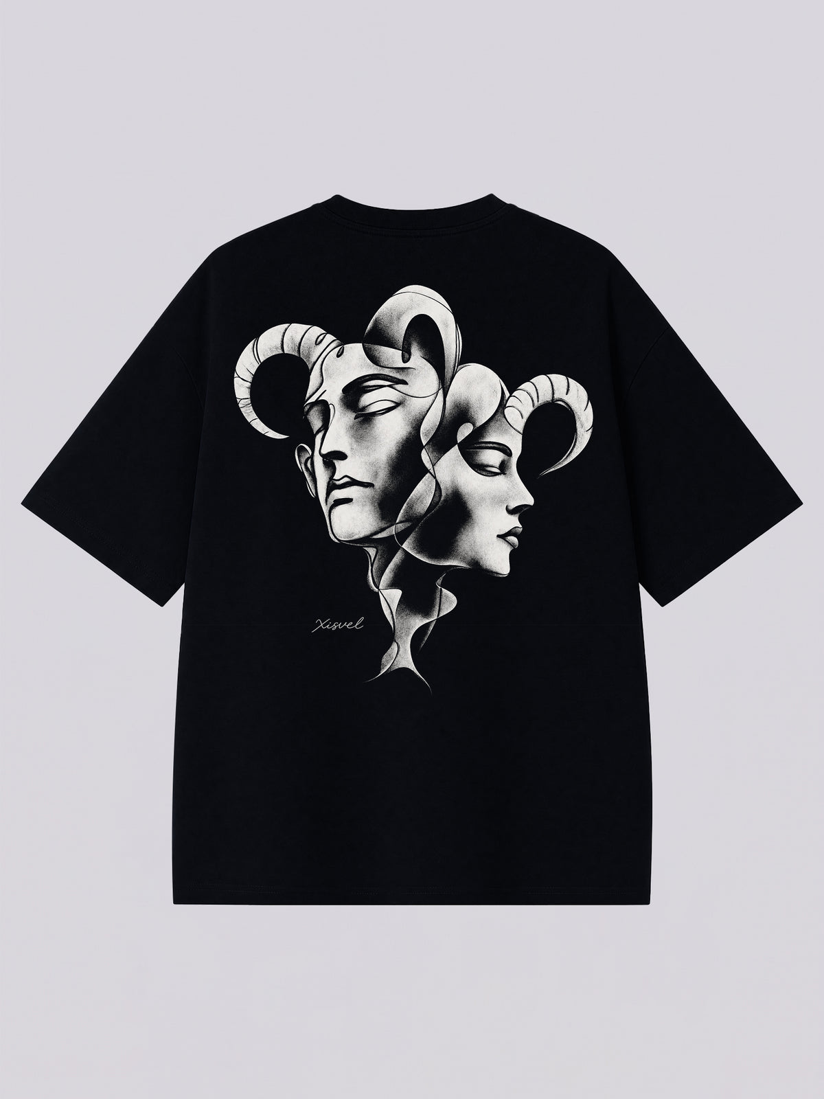 Aries dark vintage tee - back print of ram horns and twin faces in vintage sketch style