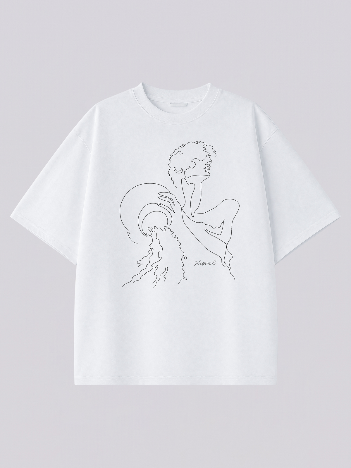 Aquarius line art graphic tee - one-line water-bearer pouring a jug illustration across the chest of a heavyweight white T-shirt