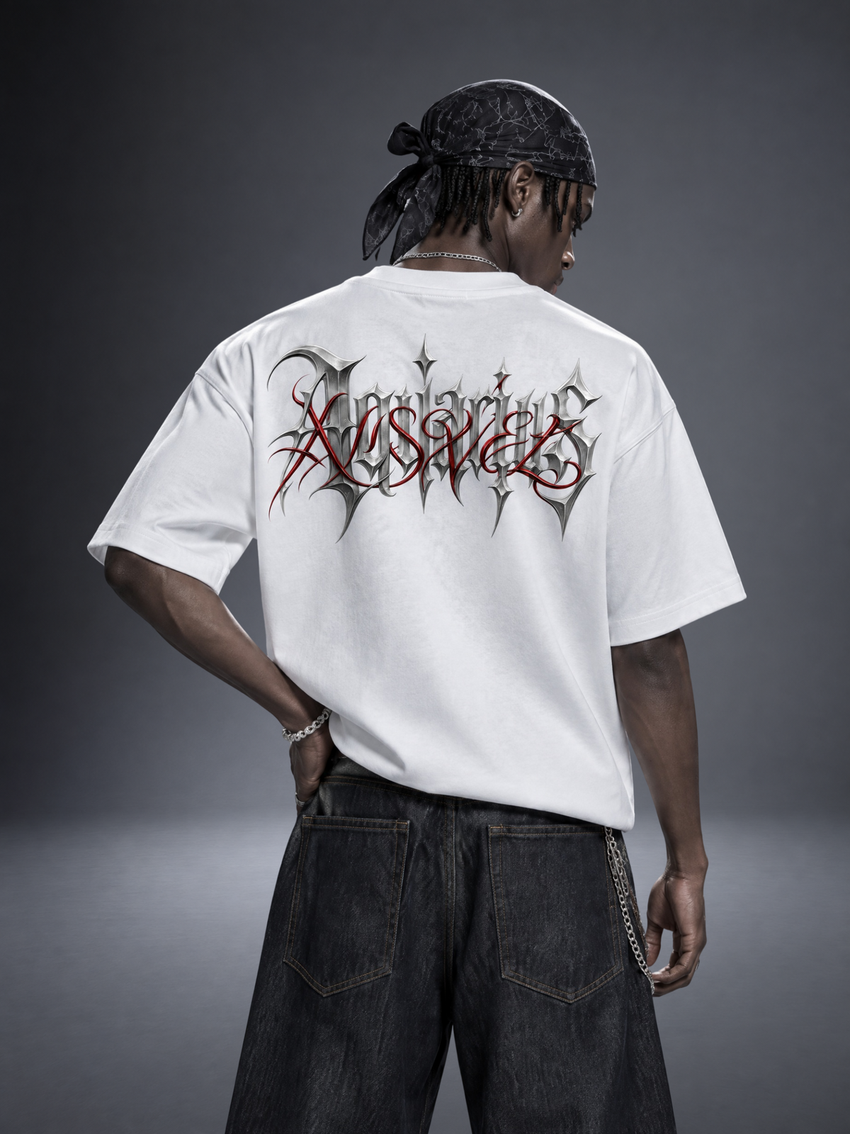 Aquarius zodiac white graphic tee - gothic 'Aquarius' lettering with red XISVEL script across the back