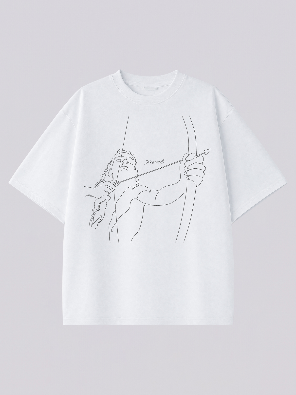 Sagittarius line art graphic tee - one-line archer drawing a bow illustration across the chest of a heavyweight white T-shirt