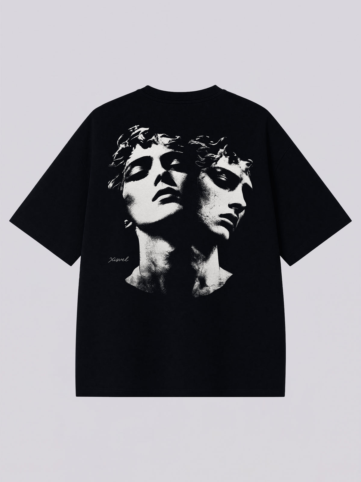 Gemini dark aesthetic graphic tee - back print of twin statue faces in monochrome sketch style