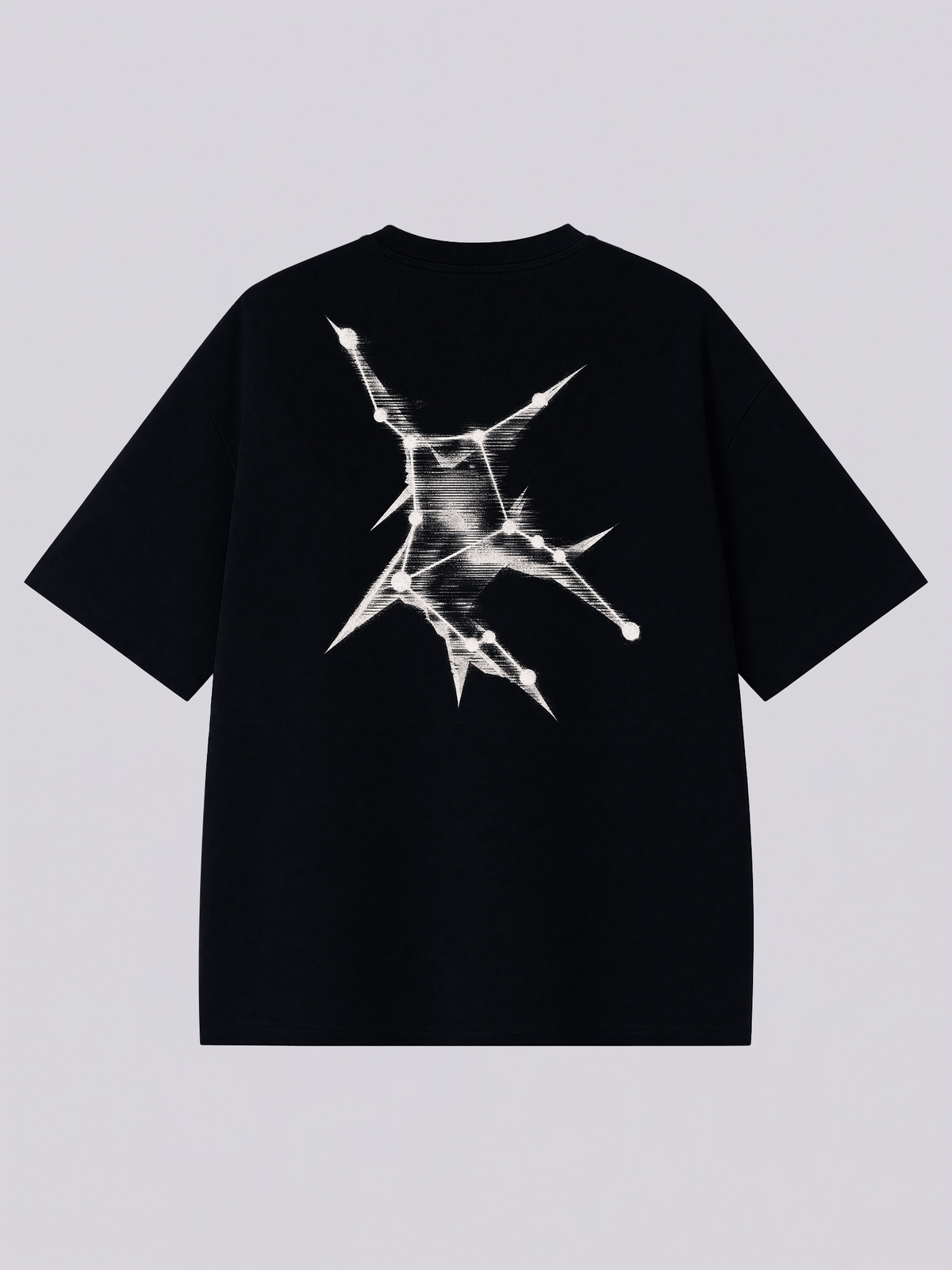 Virgo constellation with streaking brush strokes - back print on a black XISVEL graphic tee