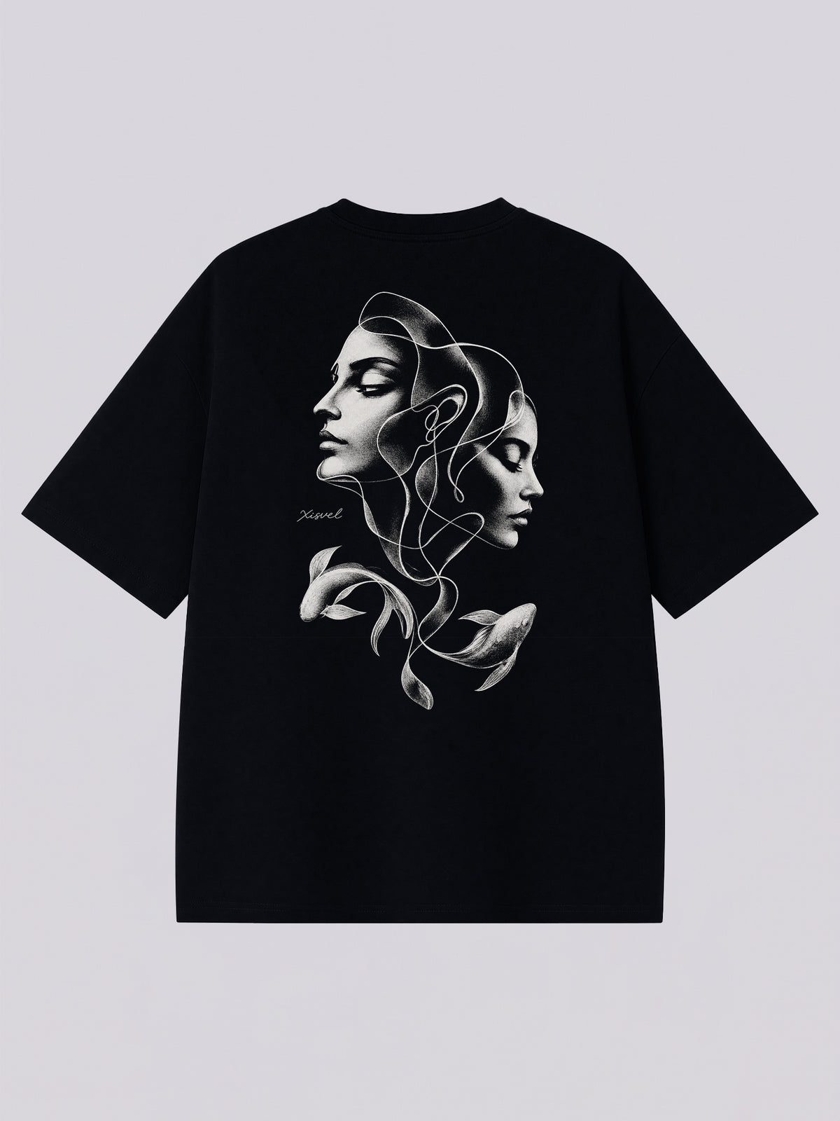 Pisces dark aesthetic graphic tee - back print of twin faces with two fish in monochrome sketch style
