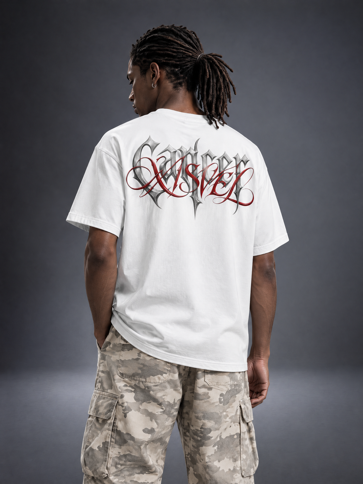 Cancer zodiac white graphic tee - gothic 'Cancer' lettering with red XISVEL script across the back