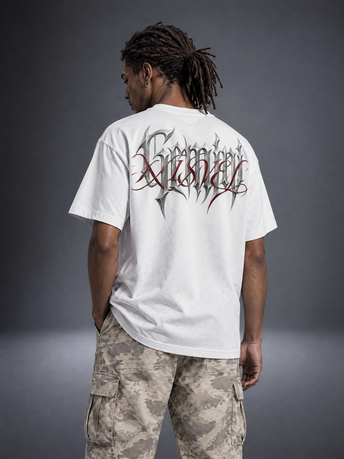Gemini zodiac white graphic tee - gothic 'Gemini' lettering with red XISVEL script across the back