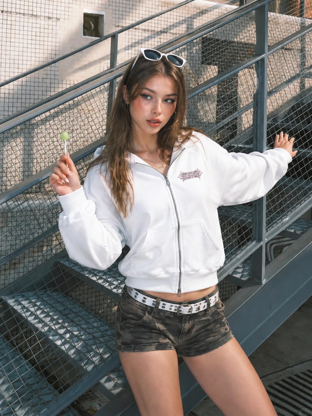 Women Gothic Cross Print Cropped Full-Zip Hoodie