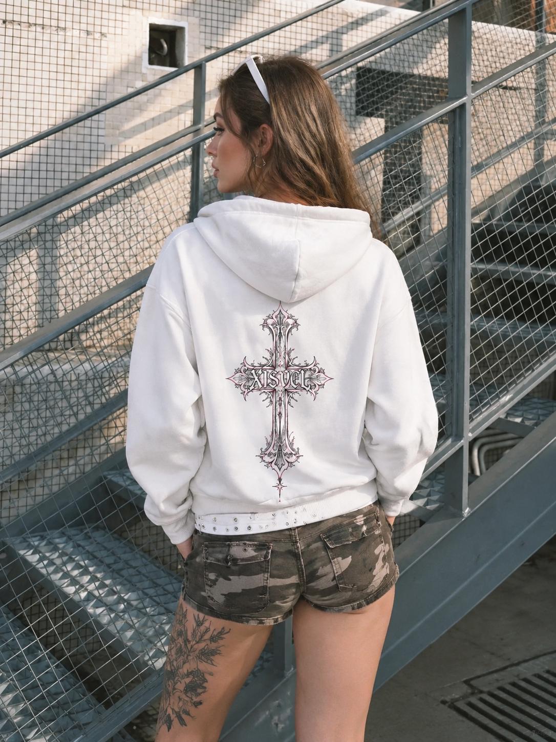 Women Gothic Cross Print Cropped Full-Zip Hoodie