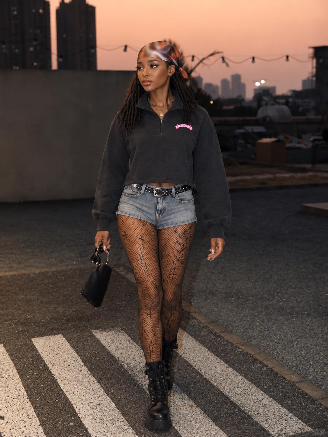 Women Pink Scroll & Cross Print Cropped Half-Zip Sweatshirt