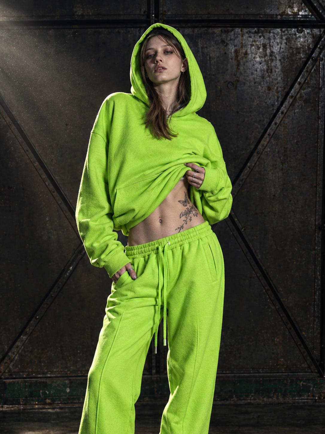 Unisex Neon Green Pullover Hoodie Tracksuit