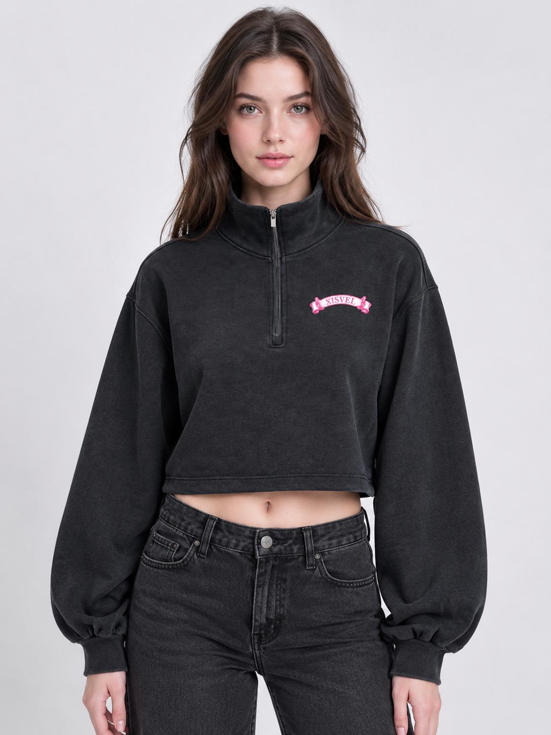 Women Pink Scroll & Cross Print Cropped Half-Zip Sweatshirt