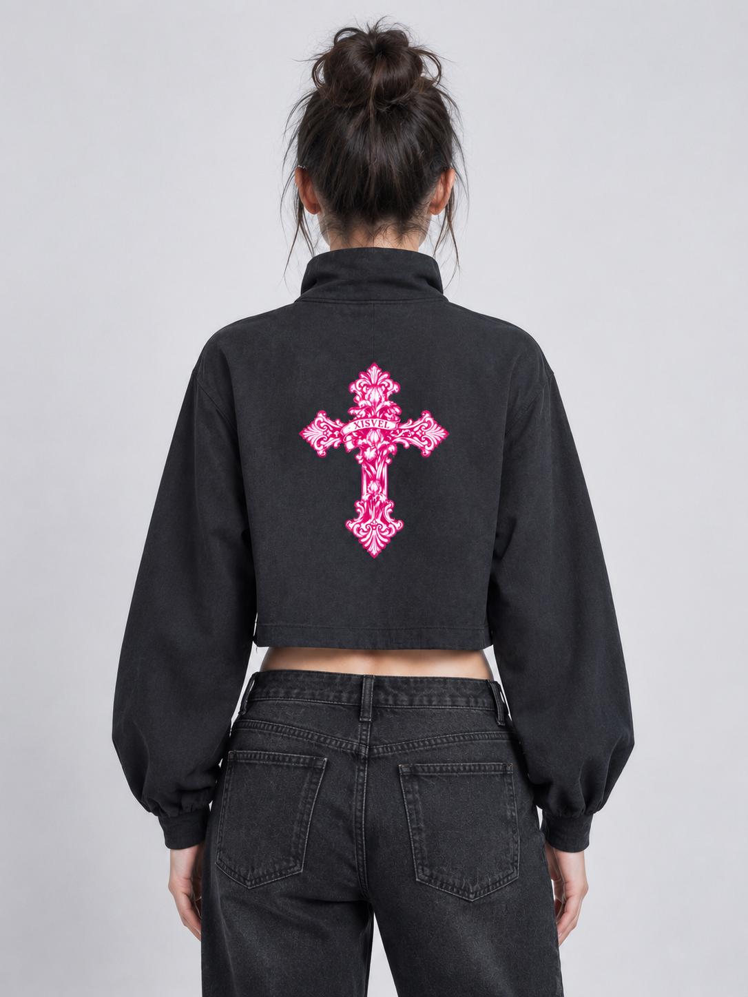 Women Pink Scroll & Cross Print Cropped Half-Zip Sweatshirt