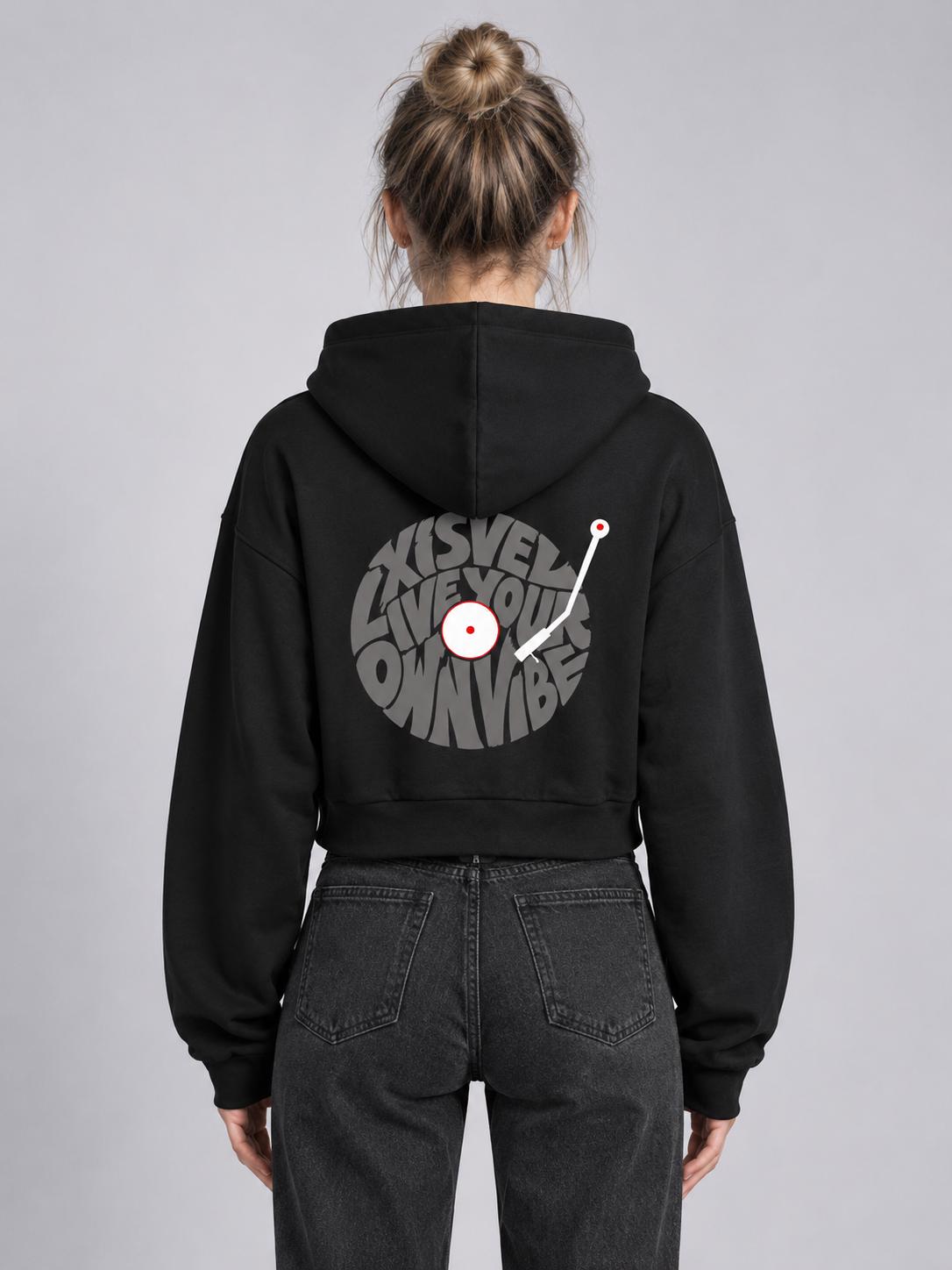 Women's Vinyl Record Graphic Cropped Zip-Up Hoodie