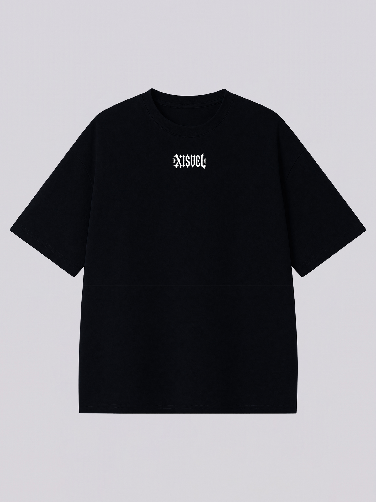 Small gothic XISVEL logo centered on the chest of the black Aquarius graphic tee