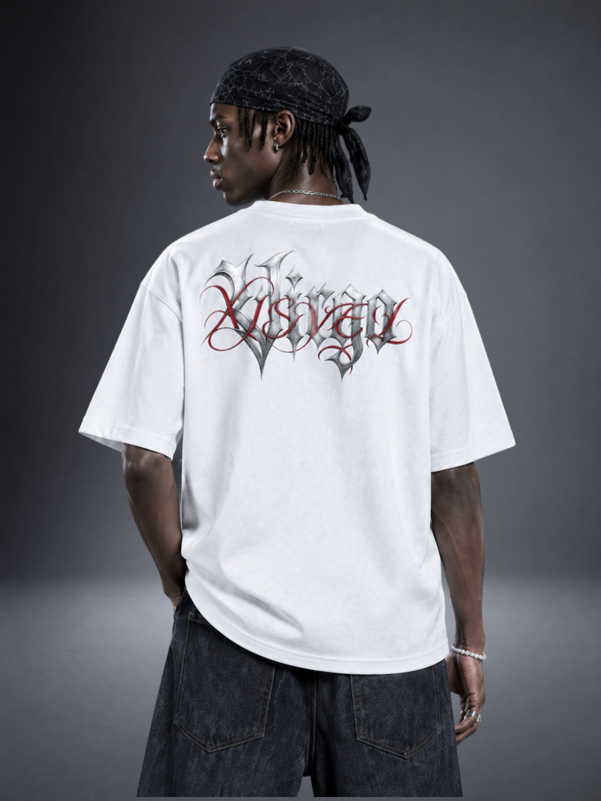 Virgo zodiac white graphic tee - gothic 'Virgo' lettering with red XISVEL script across the back