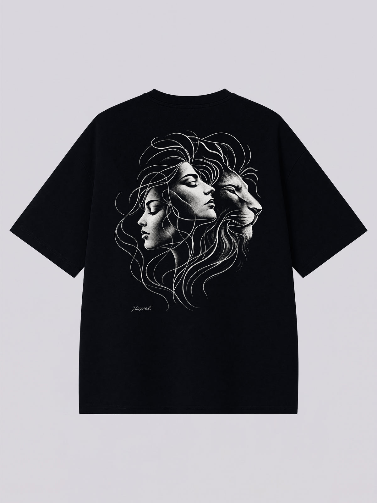 Leo dark aesthetic graphic tee - back print of twin female faces with a lion head in monochrome sketch style