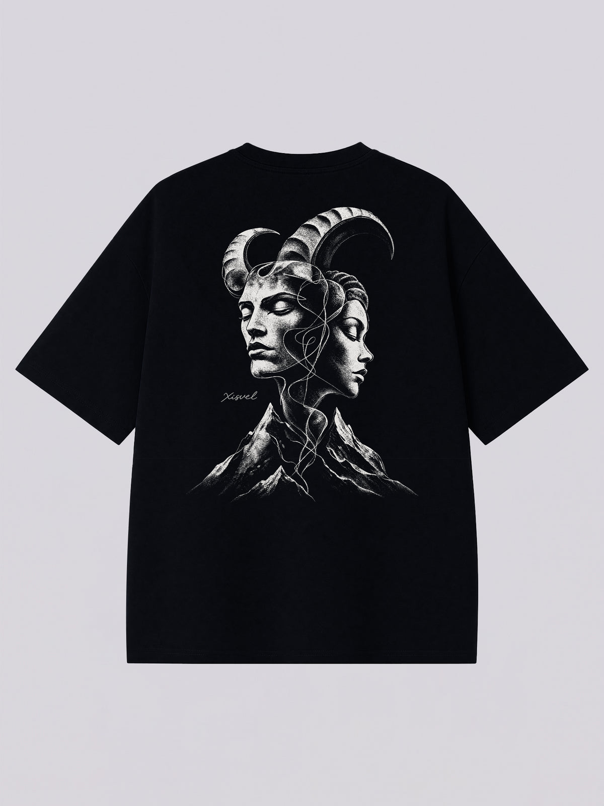 Capricorn dark aesthetic graphic tee - back print of twin faces with goat horns and a mountain in monochrome sketch style