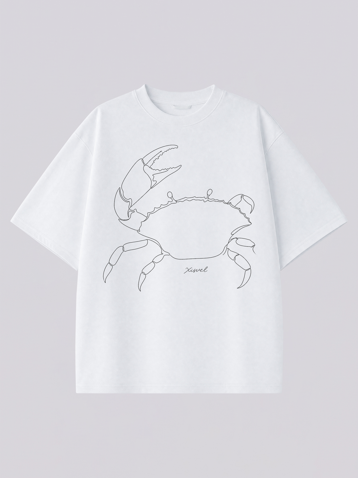 Cancer line art graphic tee - one-line crab illustration across the chest of a heavyweight white T-shirt